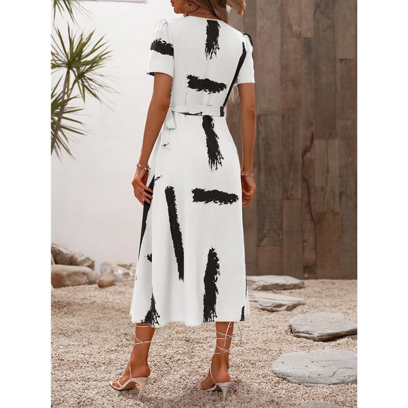 minimalist Brush Print Knot Side Wrap midi Dress black white - Picture 2 of 12